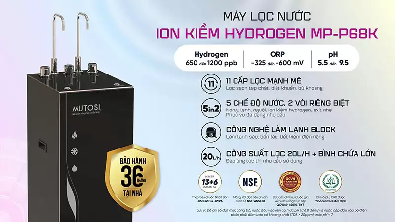 Máy Lọc Nước ĐIỆN GIẢI iON Kiềm Hydrogen Nóng Lạnh Nguội Mutosi MP-P68K