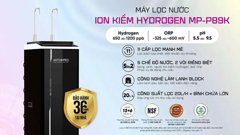 Máy lọc nước điện giải ion kiềm Hydrogen nóng nguội lạnh Mutosi MP-P89K